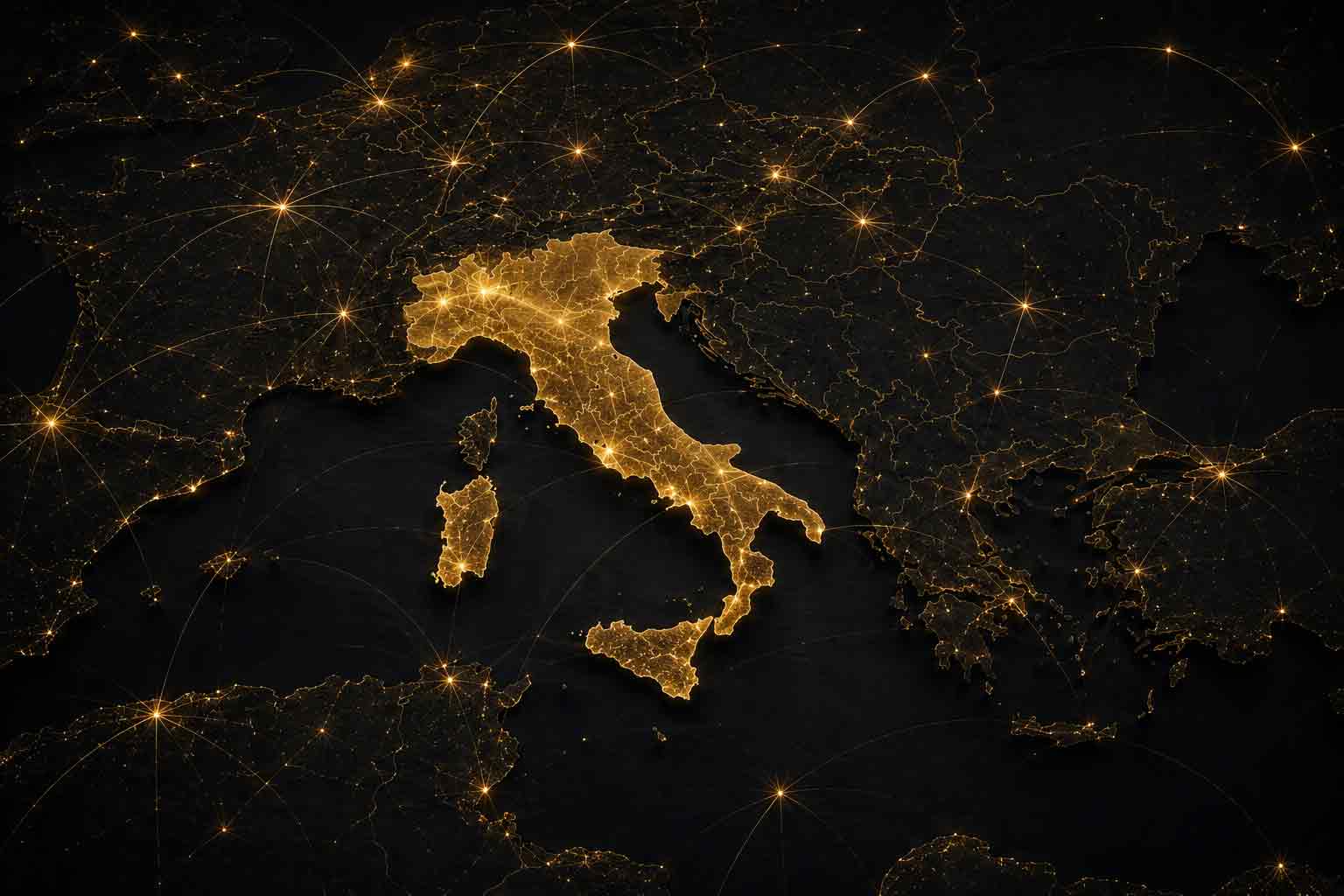 Italy highlighted on a premium European network map for Dog Haven Italy country guides